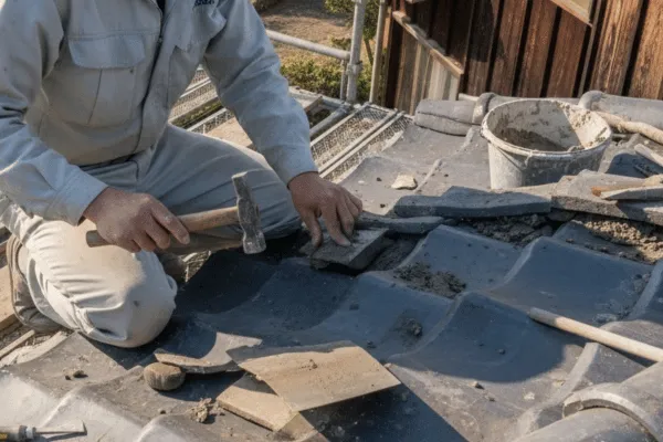 瓦補修工事の職人作業風景
