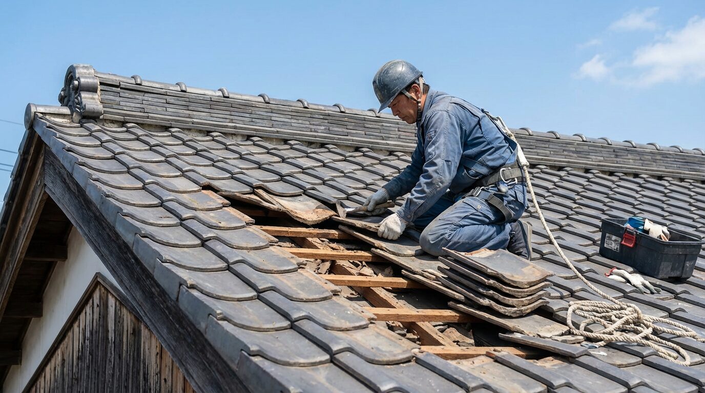 瓦の取り外しと点検作業
