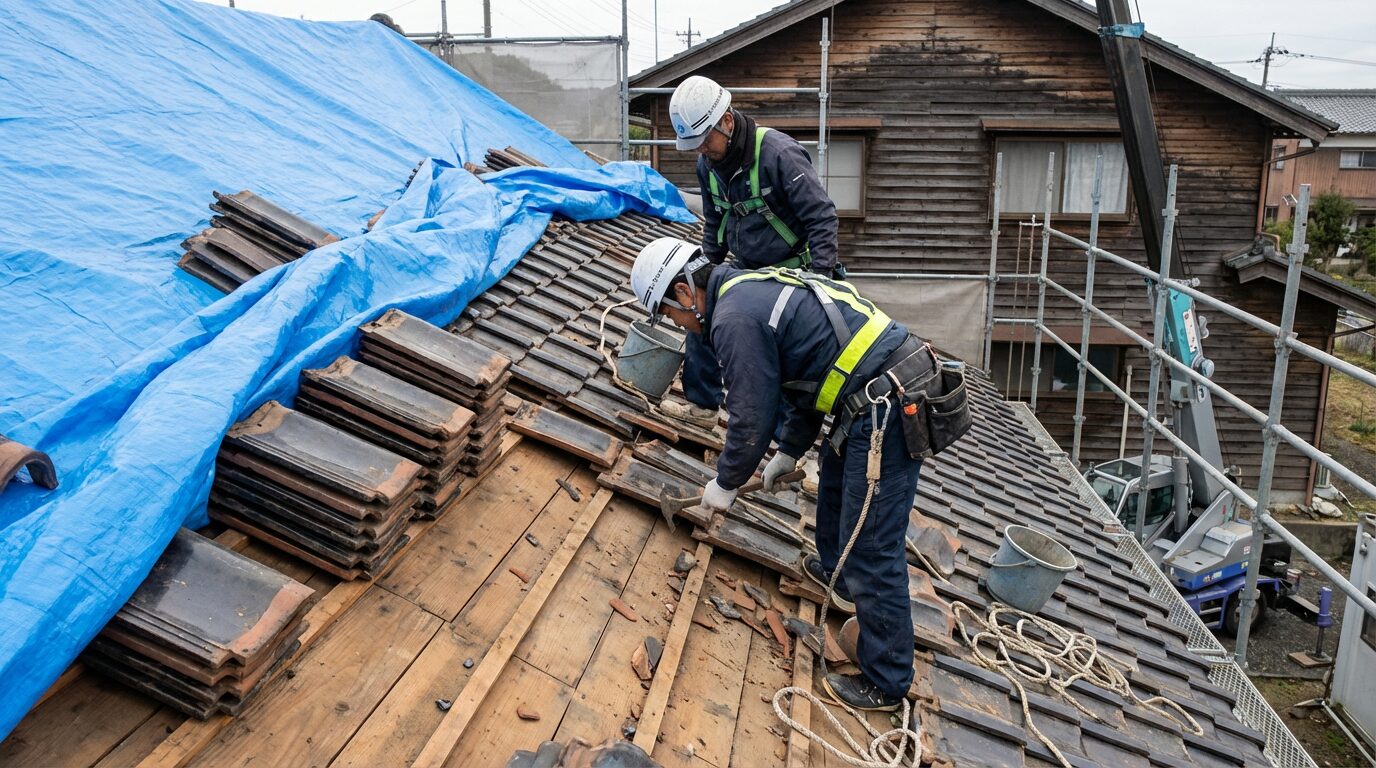 古い屋根材の撤去作業
