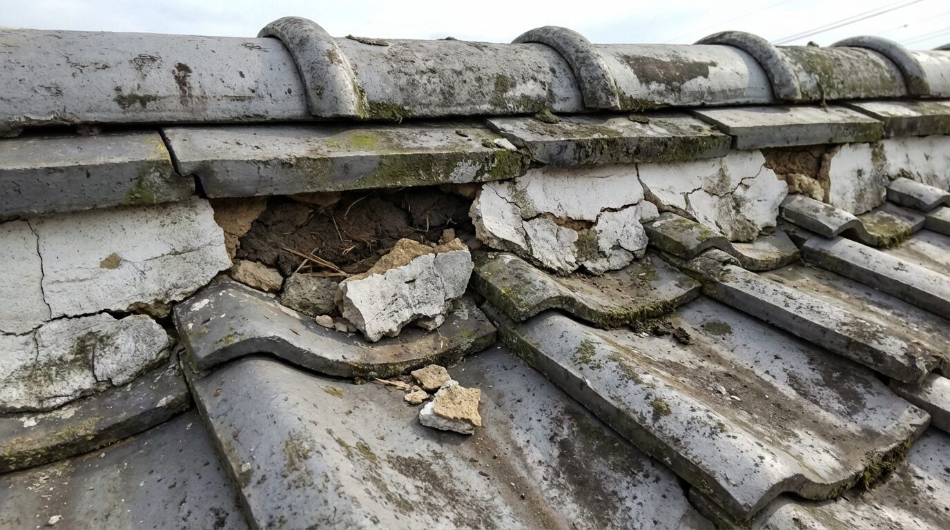 漆喰補修前：剥がれて棟瓦がぐらついている状態