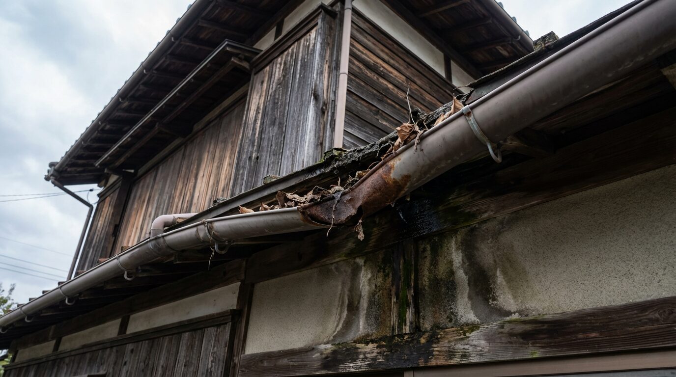 雨樋交換前：詰まりと破損が見られる状態
